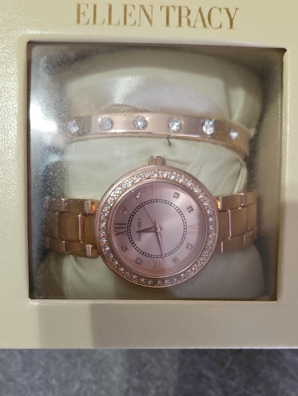 Ellen Tracy Rose Gold-Tone Watch with Crystal Accent Bangle